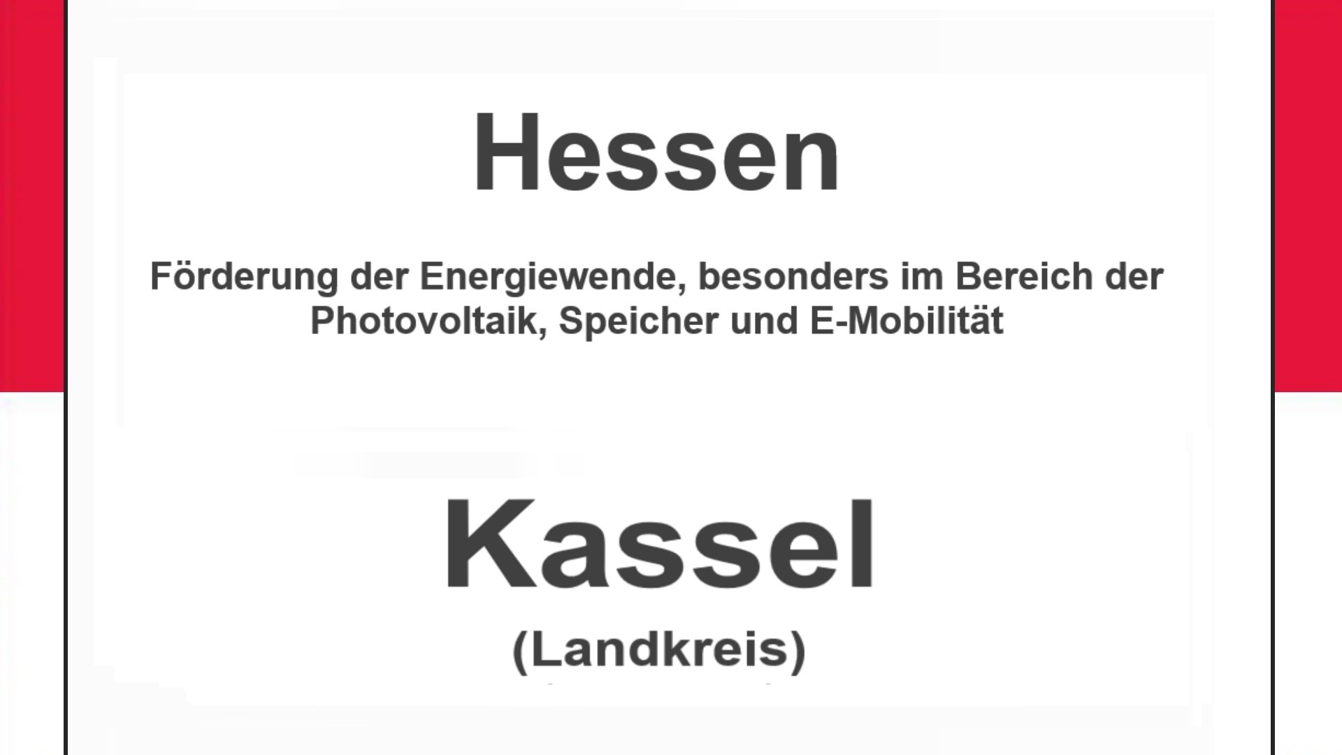 Text auf einem Bild: Hessen, Landkreis Kassel, Förderungen zur Energiewende, besonders für Photovoltaikanlagen, Speicher und E-Mobilität.