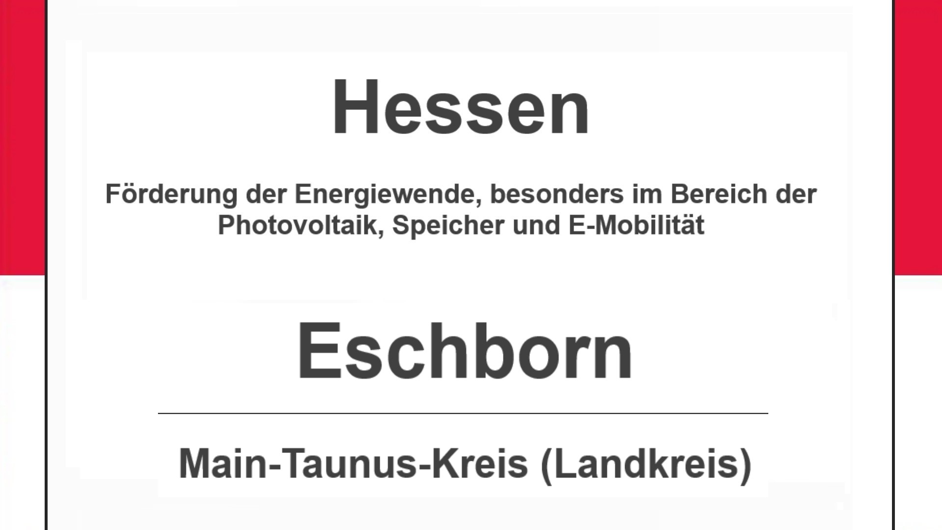Text auf diesem Bild: Stadt Eschborn im Main-Taunus-Kreis, Hessen, Förderungen zur Energiewende, besonders für Photovoltaikanlagen, Speicher und E-Mobilität.