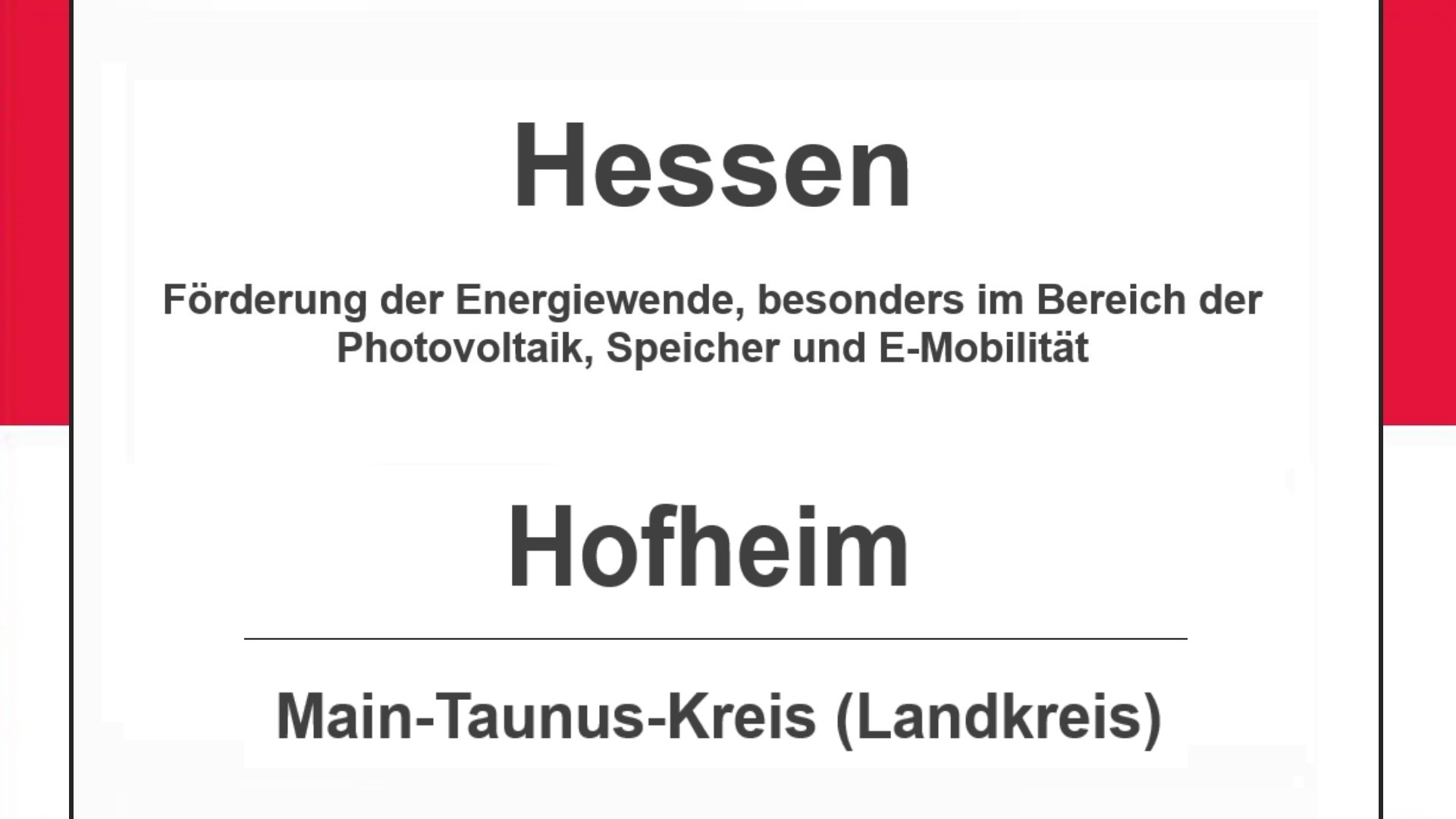 Text auf diesem Bild: Stadt Hofheim im Main-Taunus-Kreis, Hessen, Förderungen zur Energiewende, besonders für Photovoltaikanlagen, Speicher und E-Mobilität.