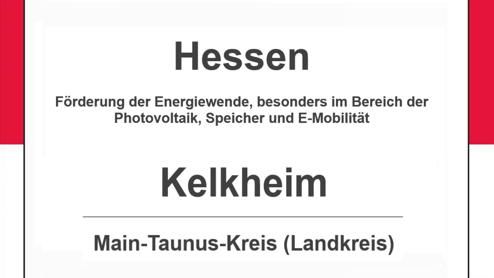 Text auf diesem Bild: Stadt Kelkheim im Main-Taunus-Kreis, Hessen, Förderungen zur Energiewende, besonders für Photovoltaikanlagen, Speicher und E-Mobilität.