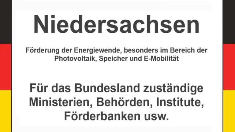 Text auf einem Bild: Niedersachsen, Förderungen zur Energiewende, besonders für Photovoltaikanlagen, Speicher und E-Mobilität.