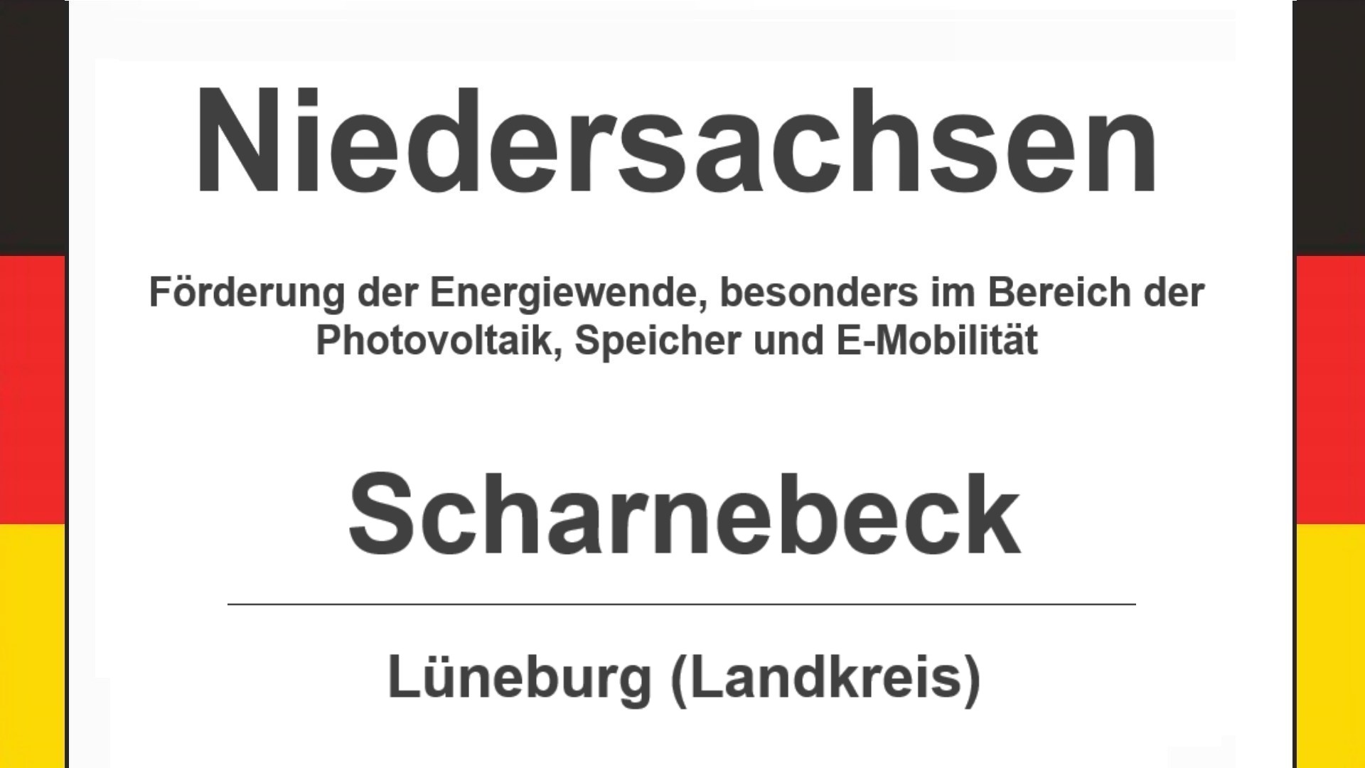 Text auf diesem Bild: Gemeinde Scharnebeck im Landkreis Lüneburg, Niedersachsen, Förderungen zur Energiewende, besonders für Photovoltaikanlagen, Speicher und E-Mobilität.