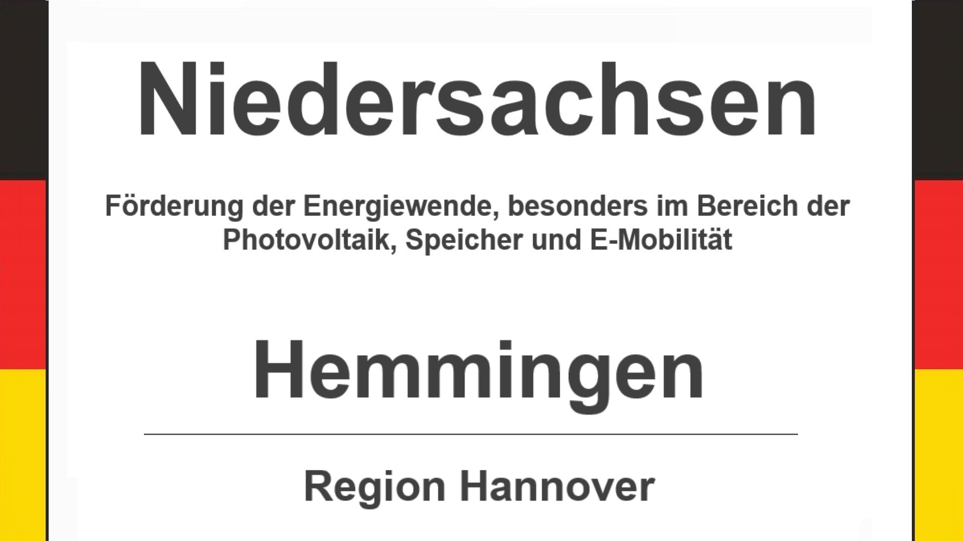 Text auf diesem Bild: Gemeinde Hemmingen in der Region Hannover, Niedersachsen, Förderungen zur Energiewende, besonders für Photovoltaikanlagen, Speicher und E-Mobilität.