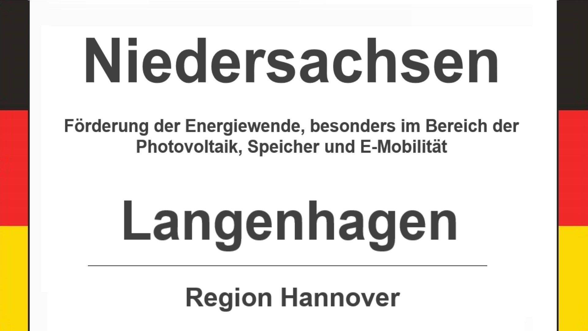 Text auf diesem Bild: Stadt Langenhagen in der Region Hannover, Niedersachsen, Förderungen zur Energiewende, besonders für Photovoltaikanlagen, Speicher und E-Mobilität.