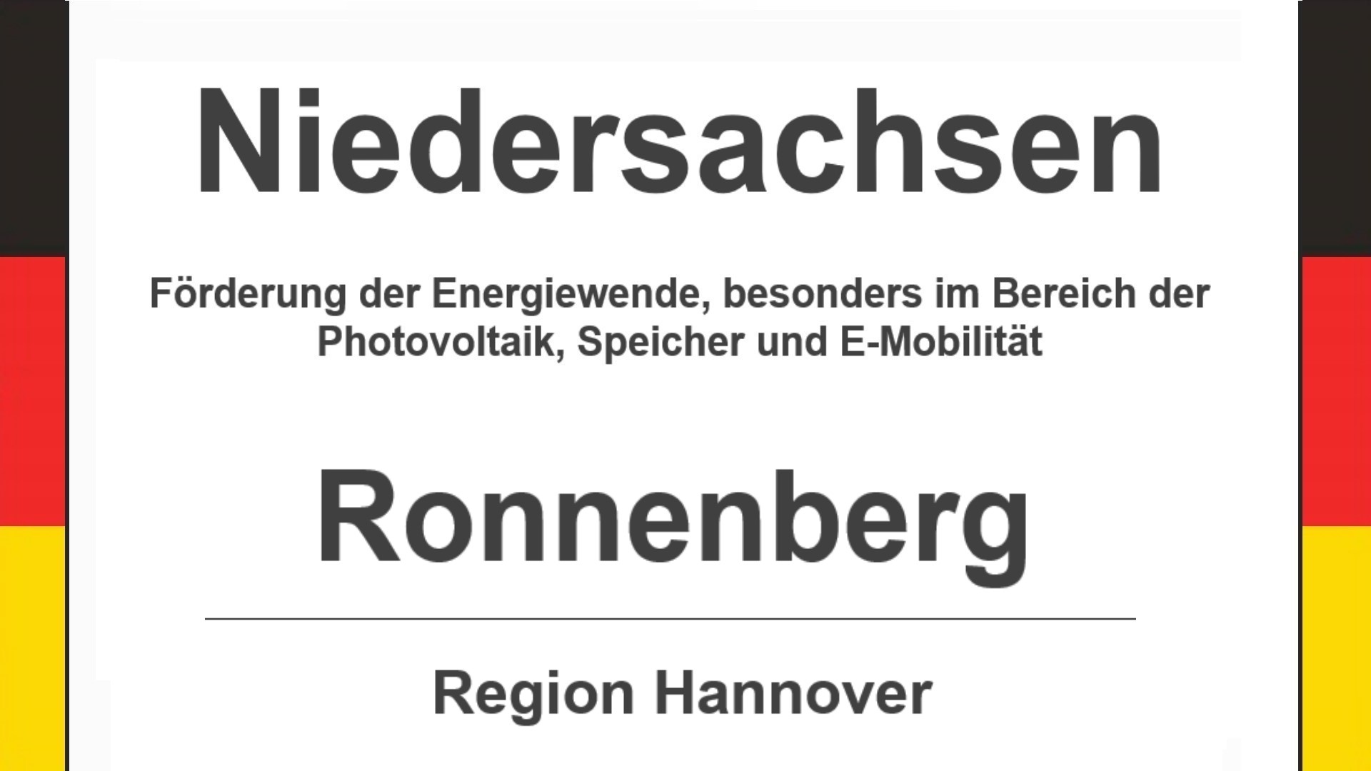 Text auf diesem Bild: Stadt Ronnenberg in der Region Hannover, Niedersachsen, Förderungen zur Energiewende, besonders für Photovoltaikanlagen, Speicher und E-Mobilität.