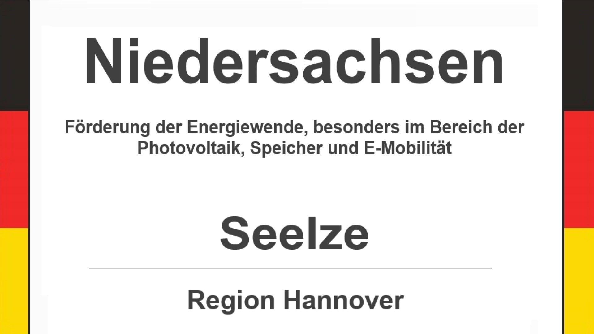 Text auf diesem Bild: Gemeinde Seelze im Landkreis Region Hannover, Niedersachsen, Förderungen zur Energiewende, besonders für Photovoltaikanlagen, Speicher und E-Mobilität.