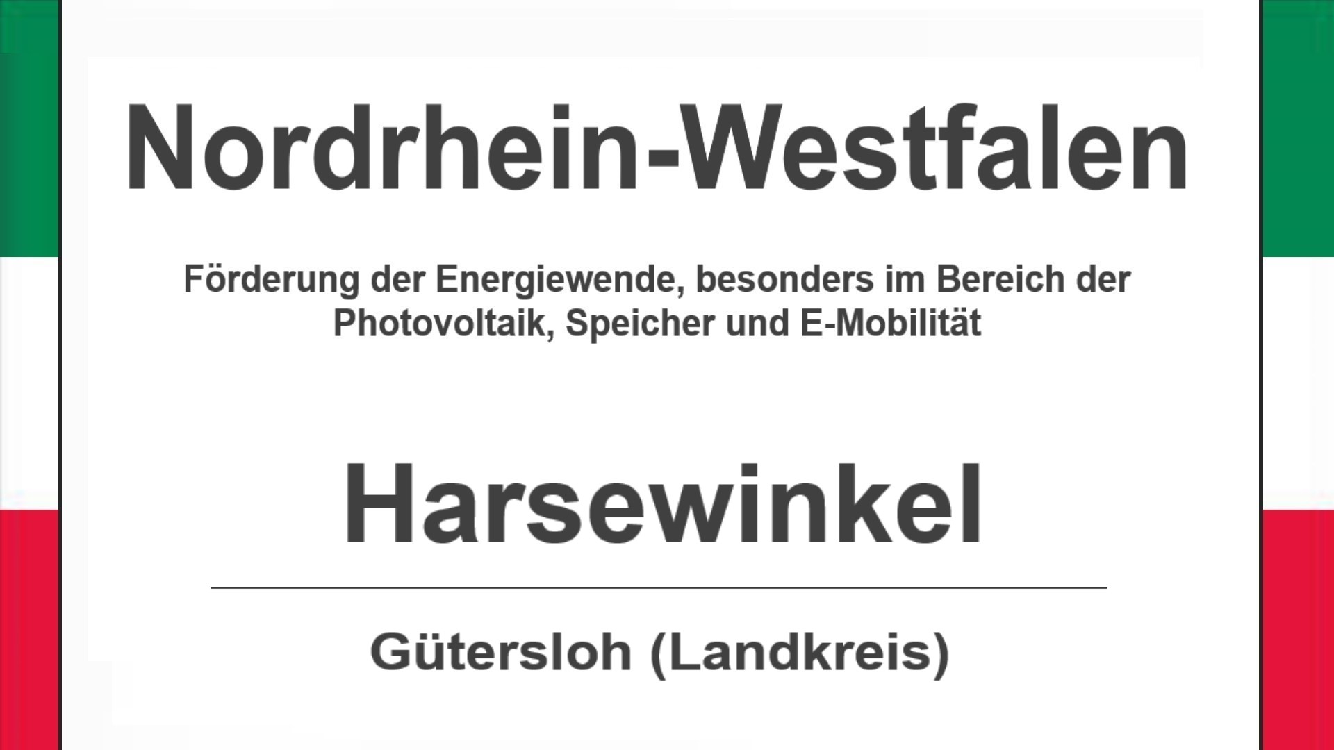 Text auf diesem Bild: Gemeinde Harsewinkel im Landkreis Gütersloh, Nordrhein-Westfalen, Förderungen zur Energiewende, besonders für Photovoltaikanlagen, Speicher und E-Mobilität.