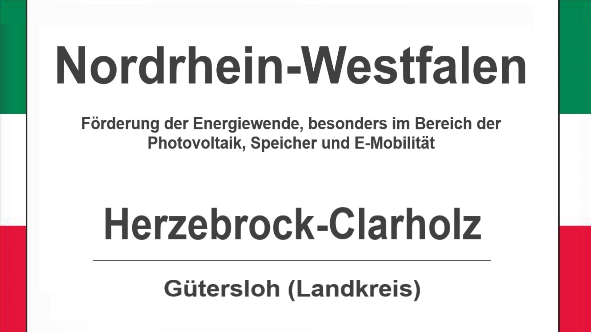 Text auf diesem Bild: Gemeinde Herzebrock-Clarholz im Landkreis Gütersloh, Nordrhein-Westfalen, Förderungen zur Energiewende, besonders für Photovoltaikanlagen, Speicher und E-Mobilität.