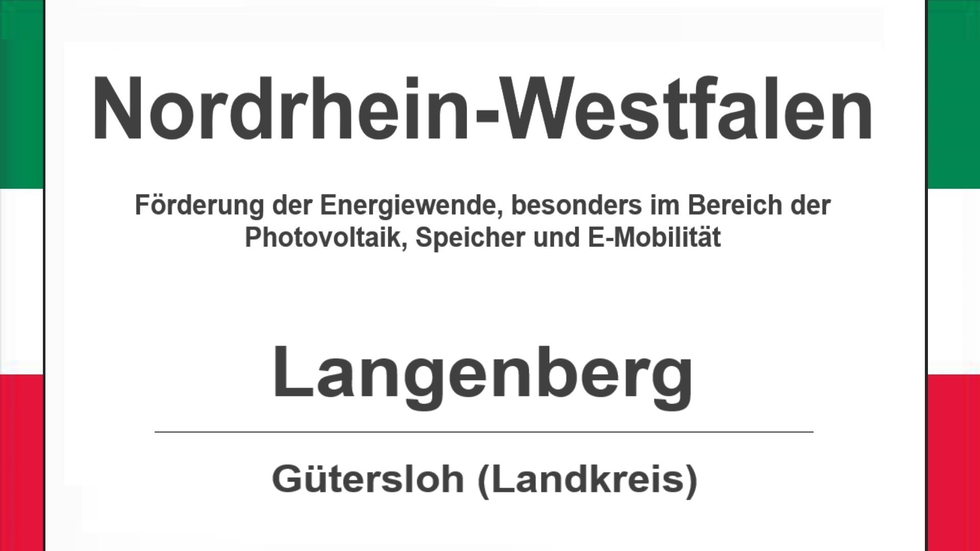 Text auf diesem Bild: Gemeinde Langenberg im Landkreis Gütersloh, Nordrhein-Westfalen, Förderungen zur Energiewende, besonders für Photovoltaikanlagen, Speicher und E-Mobilität.