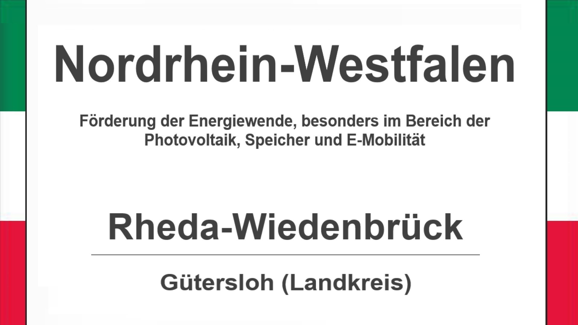 Text auf diesem Bild: Gemeinde Rheda-Wiedenbrück im Landkreis Gütersloh, Nordrhein-Westfalen, Förderungen zur Energiewende, besonders für Photovoltaikanlagen, Speicher und E-Mobilität.
