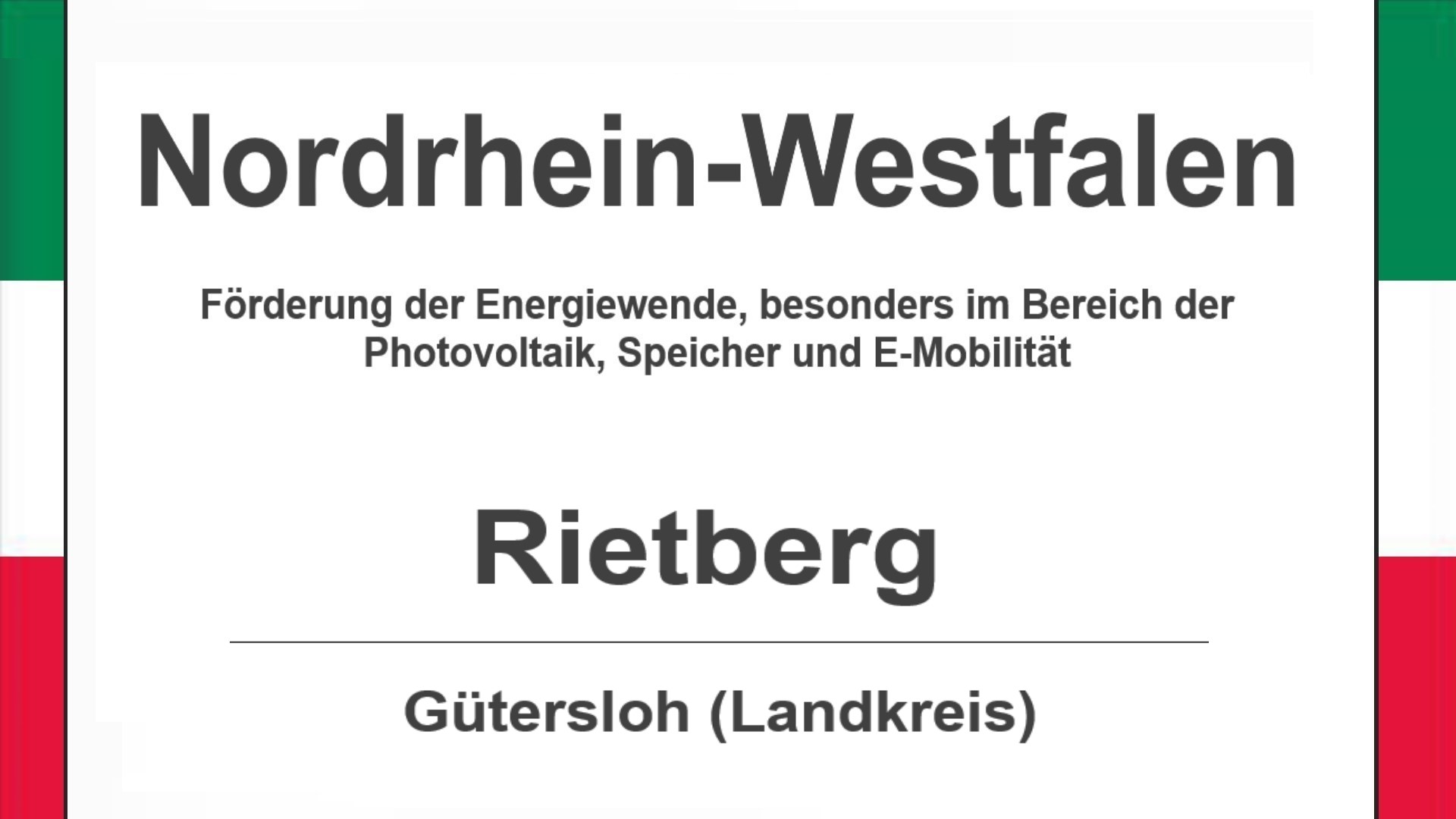 Text auf diesem Bild: Gemeinde Rietberg im Landkreis Gütersloh, Nordrhein-Westfalen, Förderungen zur Energiewende, besonders für Photovoltaikanlagen, Speicher und E-Mobilität.