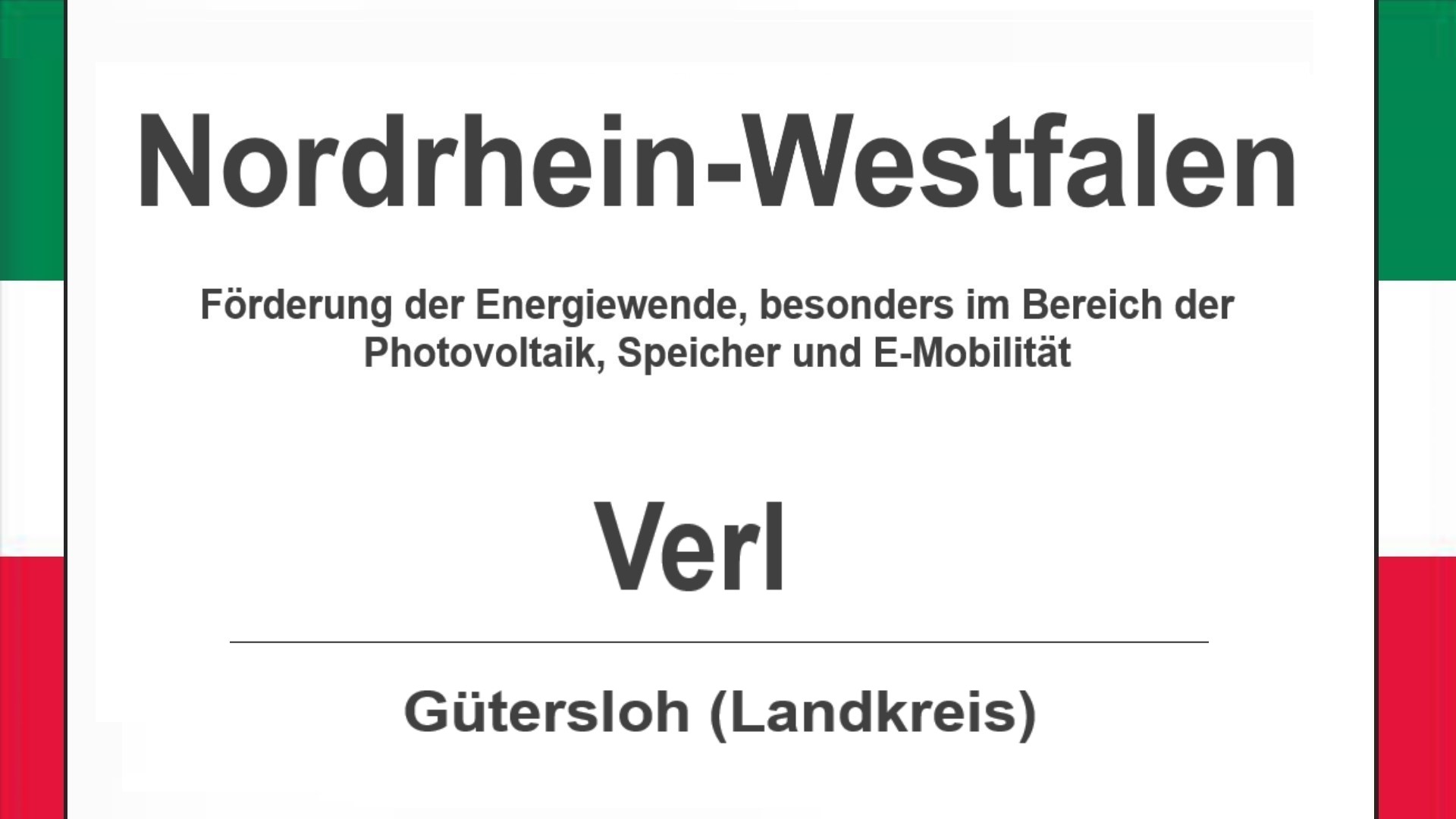 Text auf diesem Bild: Gemeinde Verl im Landkreis Gütersloh, Nordrhein-Westfalen, Förderungen zur Energiewende, besonders für Photovoltaikanlagen, Speicher und E-Mobilität.