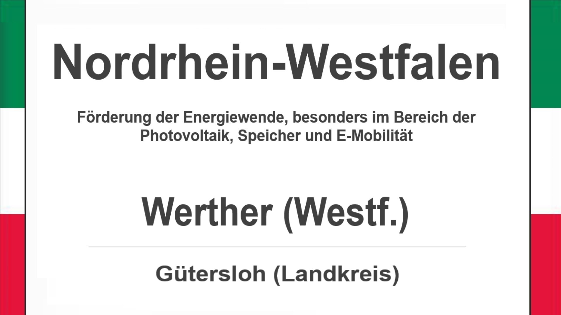 Text auf diesem Bild: Gemeinde Werther (Westf.) im Landkreis Gütersloh, Nordrhein-Westfalen, Förderungen zur Energiewende, besonders für Photovoltaikanlagen, Speicher und E-Mobilität.