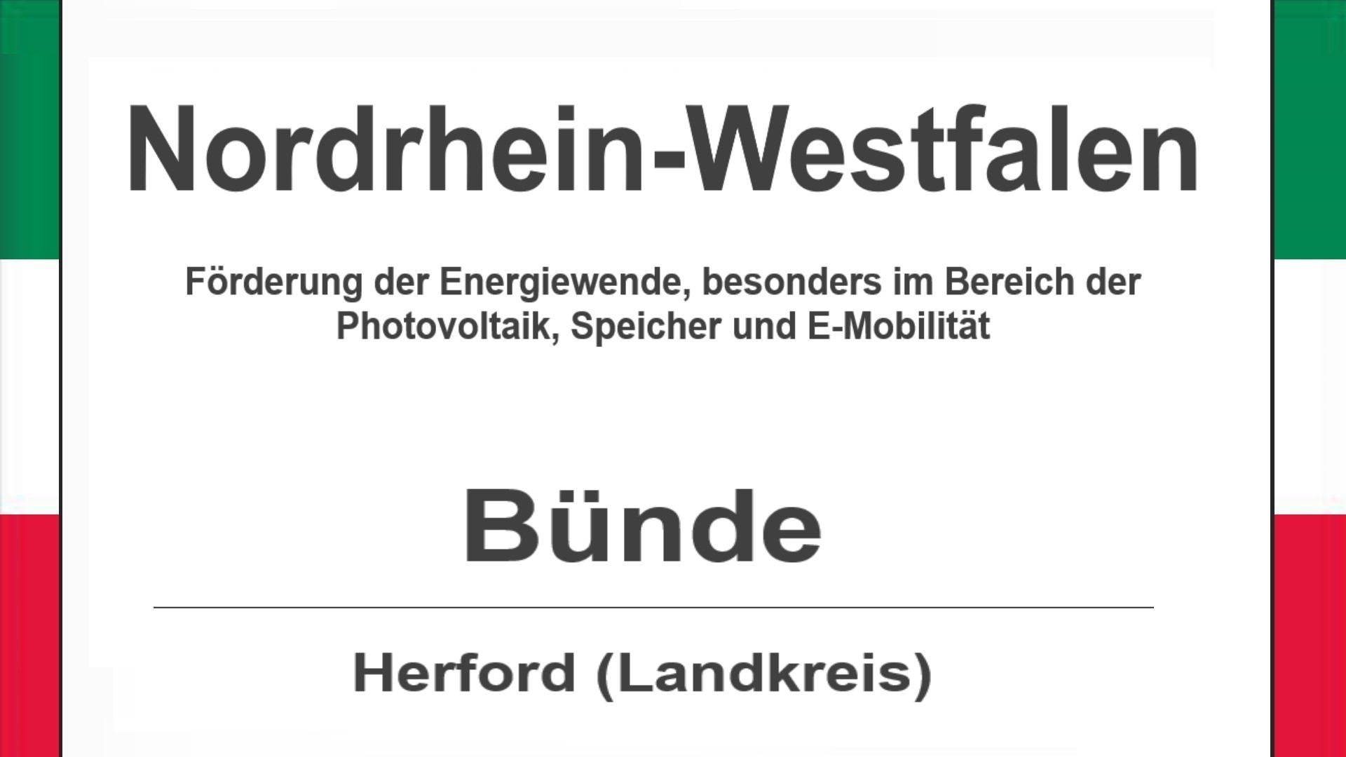 Text auf diesem Bild: Gemeinde Bünde im Landkreis Herford, Nordrhein-Westfalen, Förderungen zur Energiewende, besonders für Photovoltaikanlagen, Speicher und E-Mobilität.