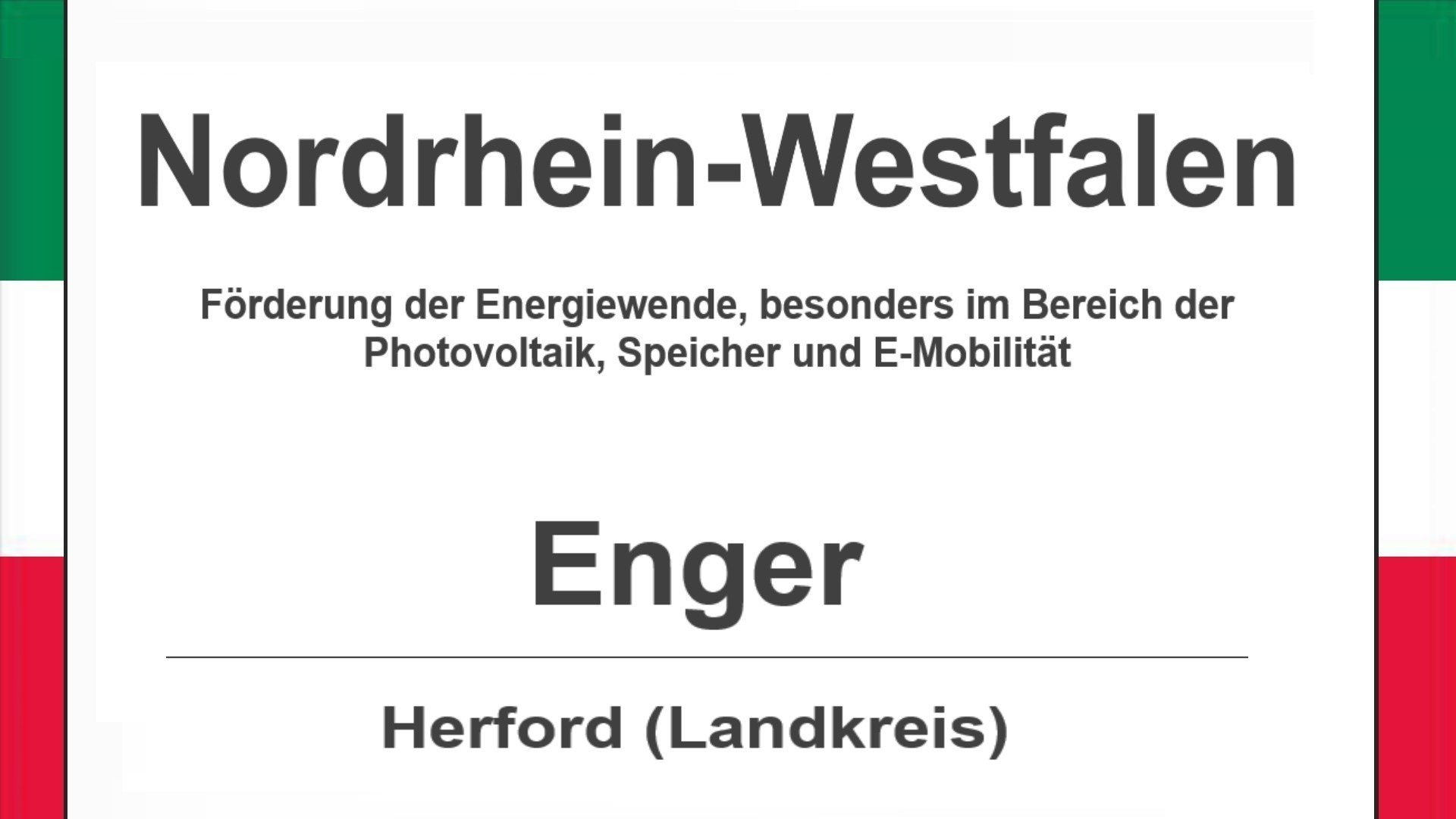 Text auf diesem Bild: Gemeinde Enger im Landkreis Herford, Nordrhein-Westfalen, Förderungen zur Energiewende, besonders für Photovoltaikanlagen, Speicher und E-Mobilität.