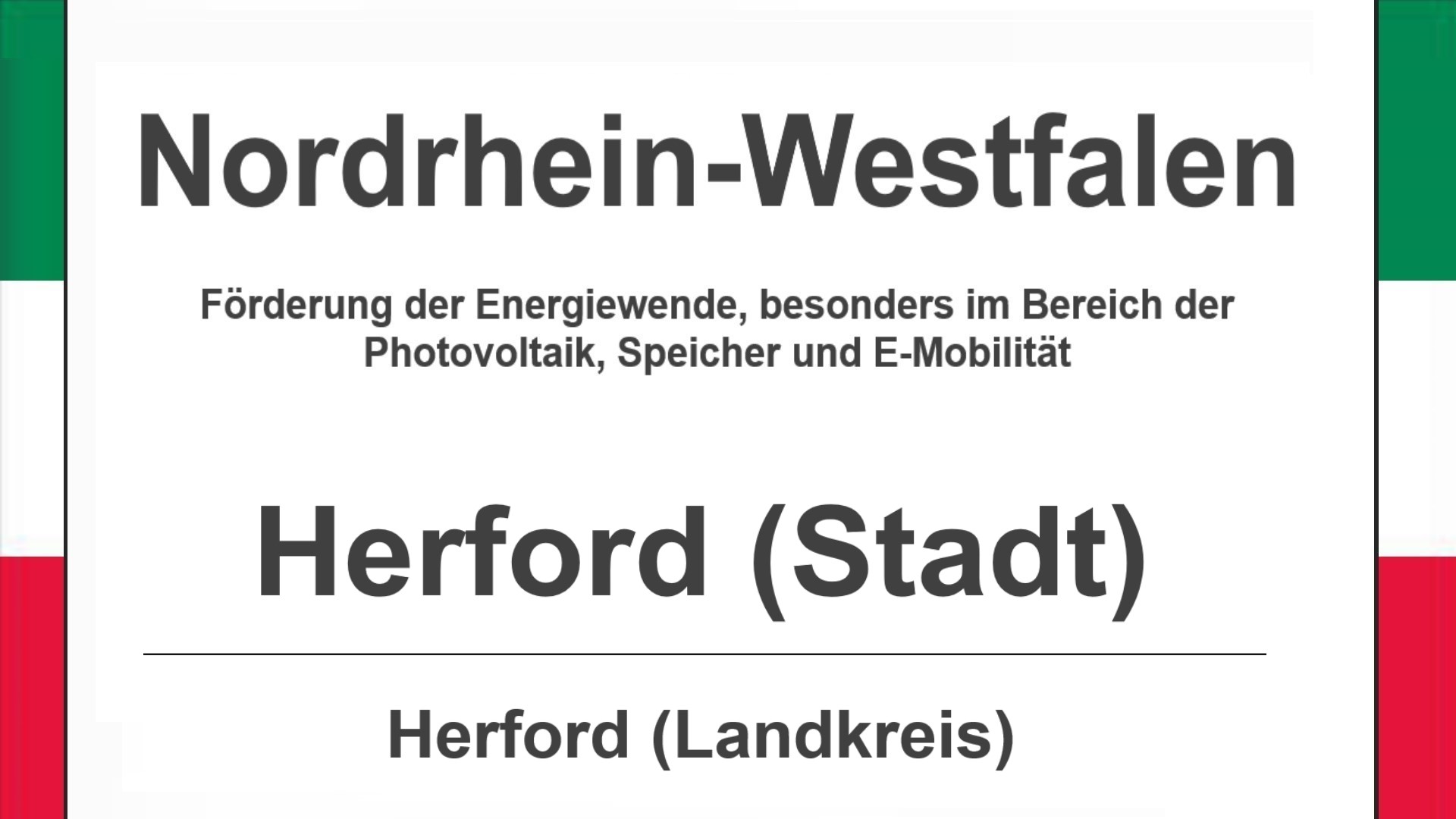 Text auf diesem Bild: Gemeinde Stadt Herford im Landkreis Herford, Nordrhein-Westfalen, Förderungen zur Energiewende, besonders für Photovoltaikanlagen, Speicher und E-Mobilität