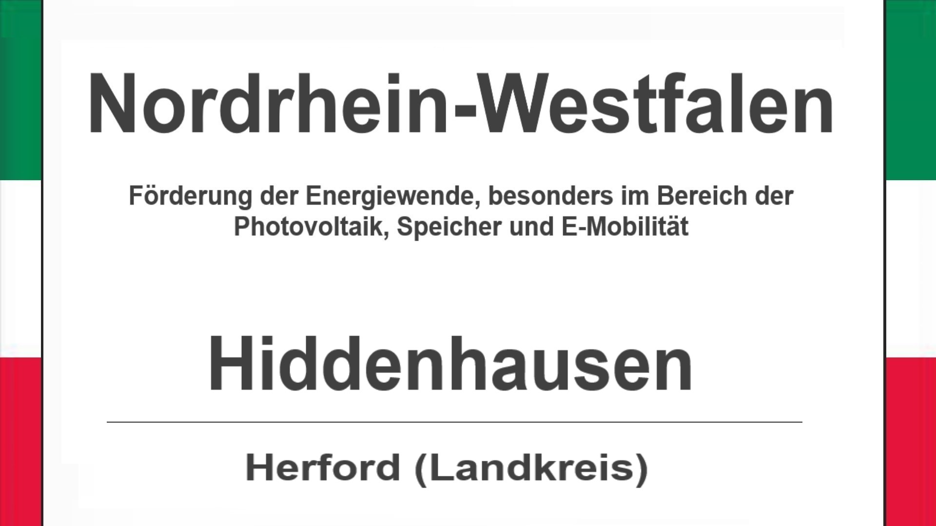 Text auf diesem Bild: Gemeinde Hiddenhausen im Landkreis Herford, Nordrhein-Westfalen, Förderungen zur Energiewende, besonders für Photovoltaikanlagen, Speicher und E-Mobilität.