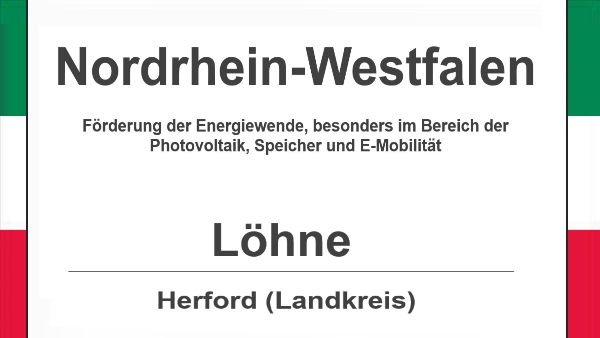 Text auf diesem Bild: Gemeinde Löhne im Landkreis Herford, Nordrhein-Westfalen, Förderungen zur Energiewende, besonders für Photovoltaikanlagen, Speicher und E-Mobilität.