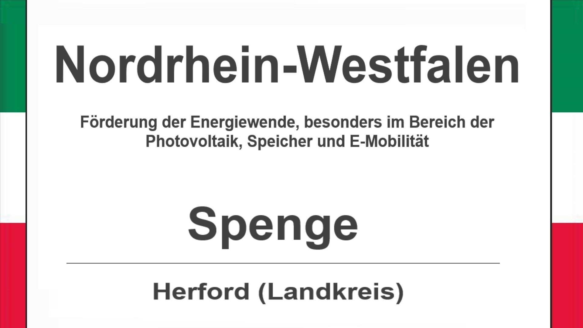 Text auf diesem Bild: Gemeinde Spenge im Landkreis Herford, Nordrhein-Westfalen, Förderungen zur Energiewende, besonders für Photovoltaikanlagen, Speicher und E-Mobilität.