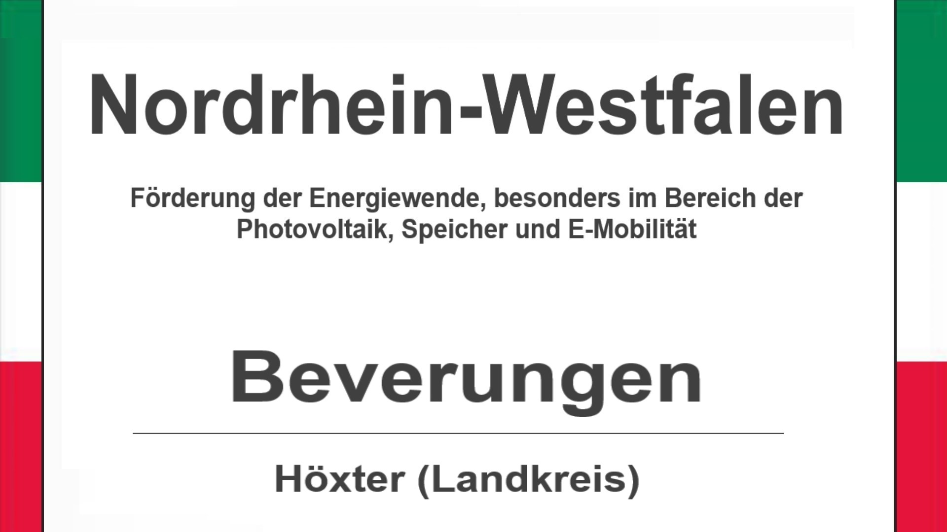 Text auf diesem Bild: Gemeinde Beverungen im Landkreis Höxter, Nordrhein-Westfalen, Förderungen zur Energiewende, besonders für Photovoltaikanlagen, Speicher und E-Mobilität