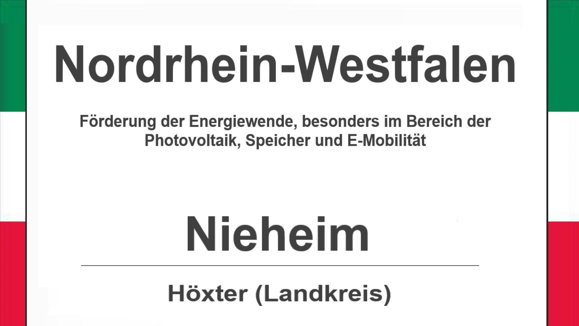 Text auf diesem Bild: Gemeinde Nieheim im Landkreis Höxter, Nordrhein-Westfalen, Förderungen zur Energiewende, besonders für Photovoltaikanlagen, Speicher und E-Mobilität
