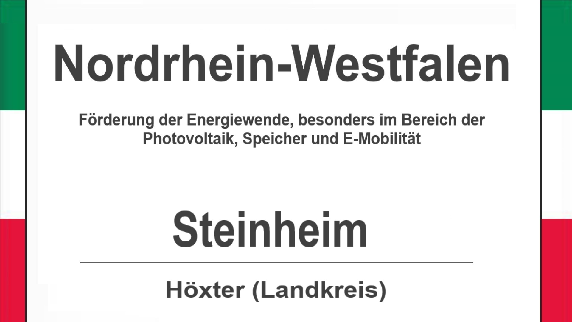 Text auf diesem Bild: Gemeinde Steinheim im Landkreis Höxter, Nordrhein-Westfalen, Förderungen zur Energiewende, besonders für Photovoltaikanlagen, Speicher und E-Mobilität