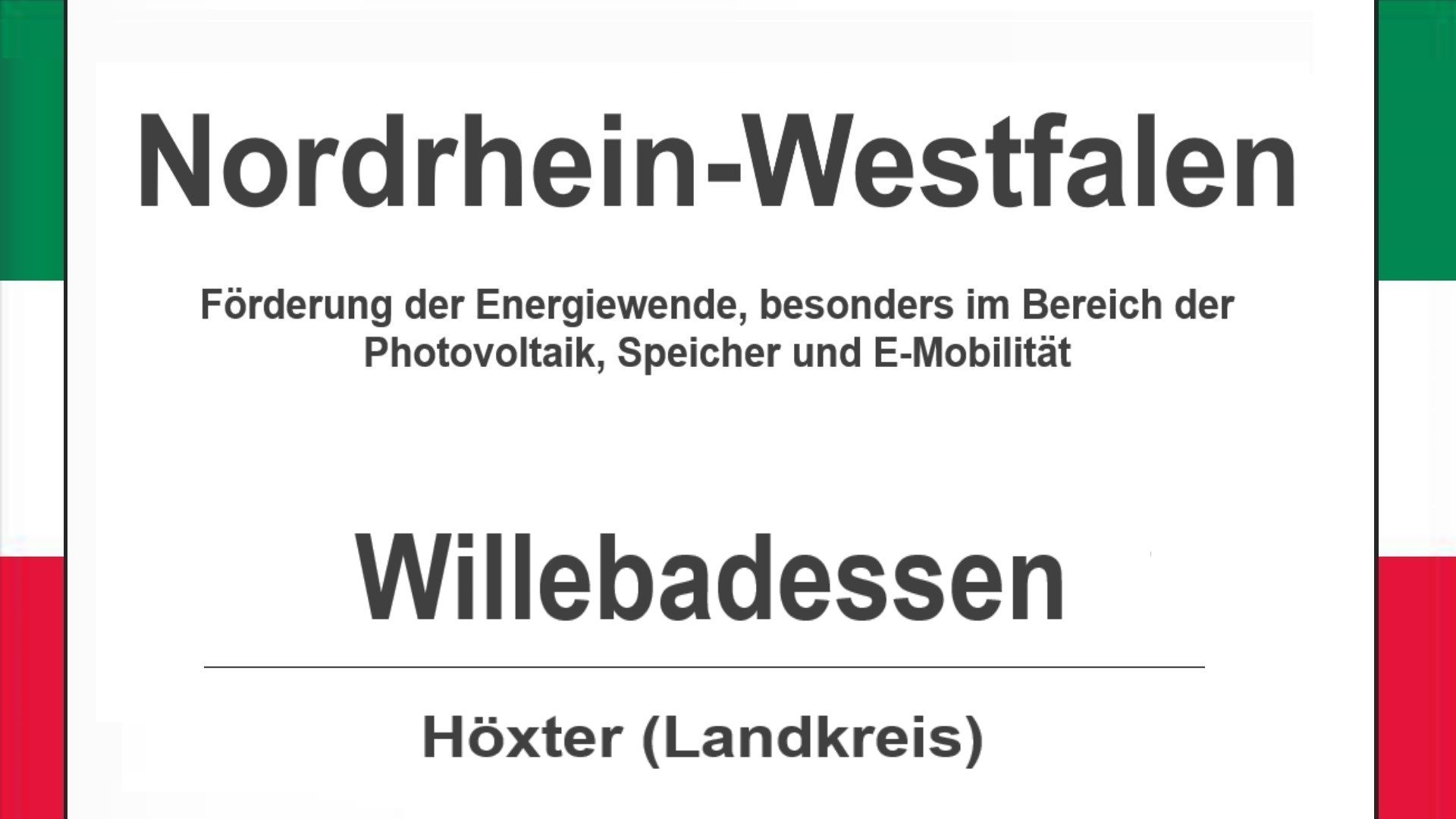 Text auf diesem Bild: Gemeinde Willebadessen im Landkreis Höxter, Nordrhein-Westfalen, Förderungen zur Energiewende, besonders für Photovoltaikanlagen, Speicher und E-Mobilität