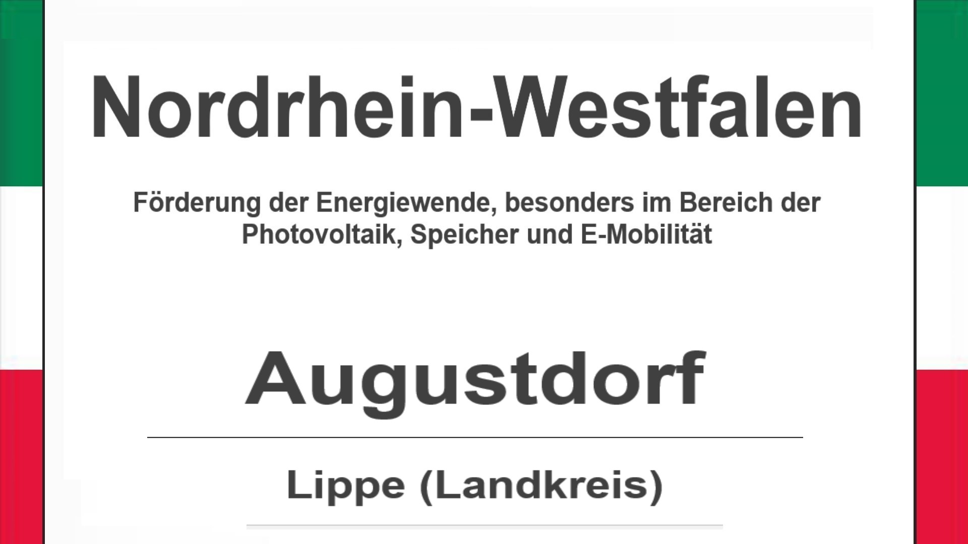 Text auf diesem Bild: Gemeinde Augustdorf im Landkreis Lippe, Nordrhein-Westfalen, Förderungen zur Energiewende, besonders für Photovoltaikanlagen, Speicher und E-Mobilität.