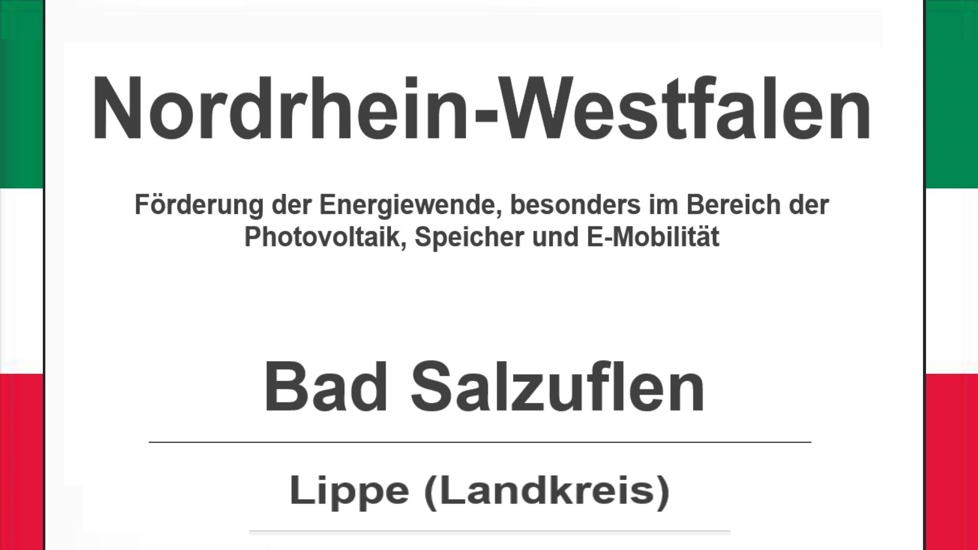Text auf diesem Bild: Gemeinde Bad Salzuflen im Landkreis Lippe, Nordrhein-Westfalen, Förderungen zur Energiewende, besonders für Photovoltaikanlagen, Speicher und E-Mobilität.