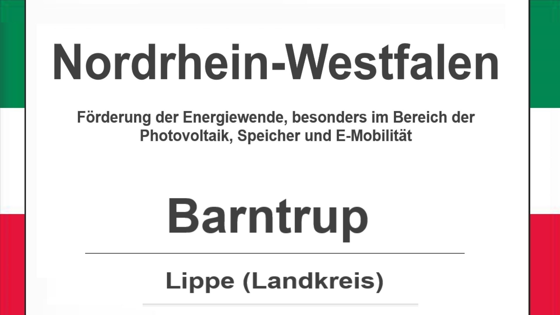 Text auf diesem Bild: Gemeinde Barntrup im Landkreis Lippe, Nordrhein-Westfalen, Förderungen zur Energiewende, besonders für Photovoltaikanlagen, Speicher und E-Mobilität.