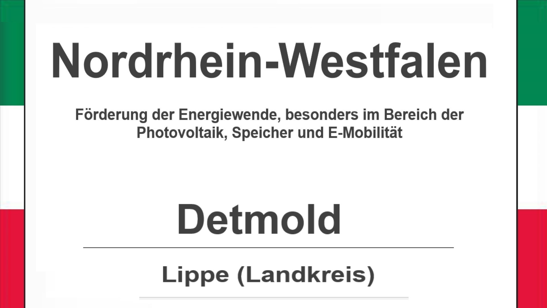 Text auf diesem Bild: Gemeinde Detmold im Landkreis Lippe, Nordrhein-Westfalen, Förderungen zur Energiewende, besonders für Photovoltaikanlagen, Speicher und E-Mobilität.