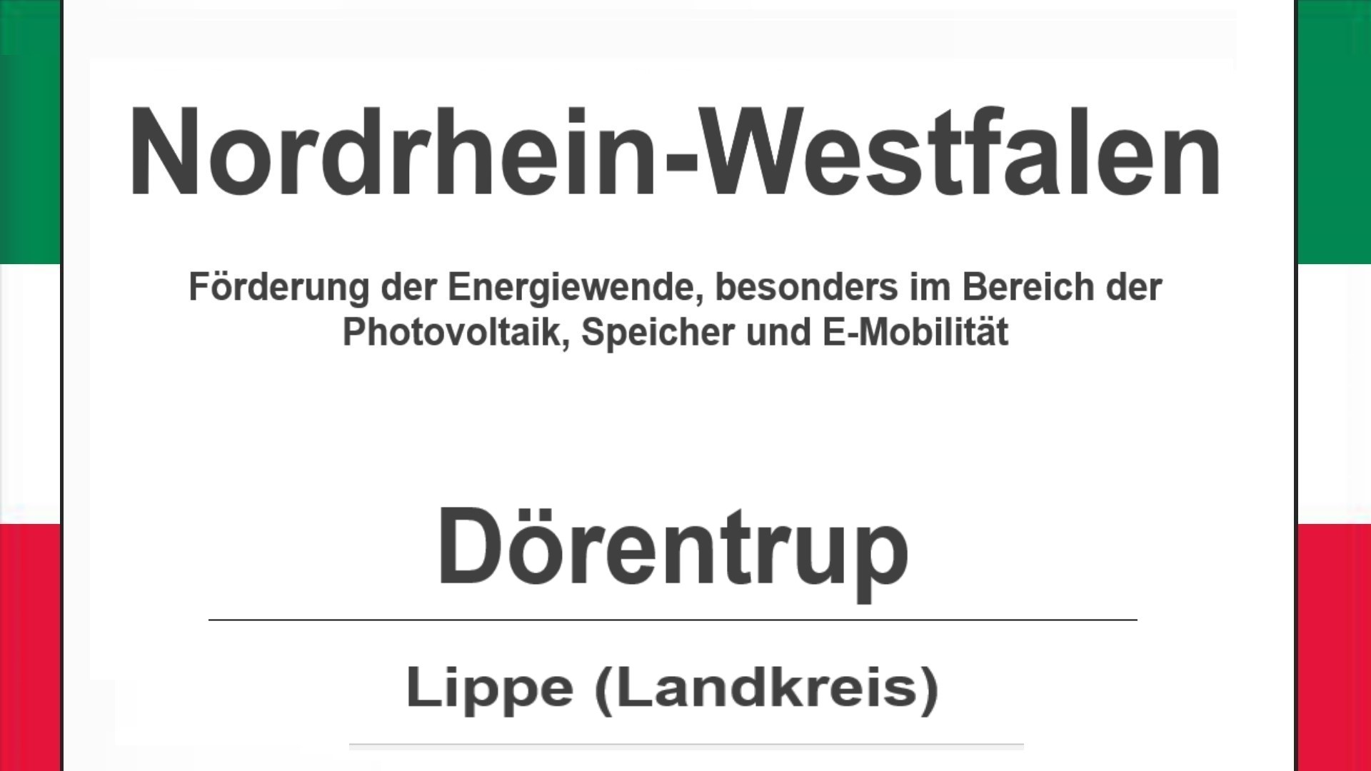 Text auf diesem Bild: Gemeinde Dörentrup im Landkreis Lippe, Nordrhein-Westfalen, Förderungen zur Energiewende, besonders für Photovoltaikanlagen, Speicher und E-Mobilität.