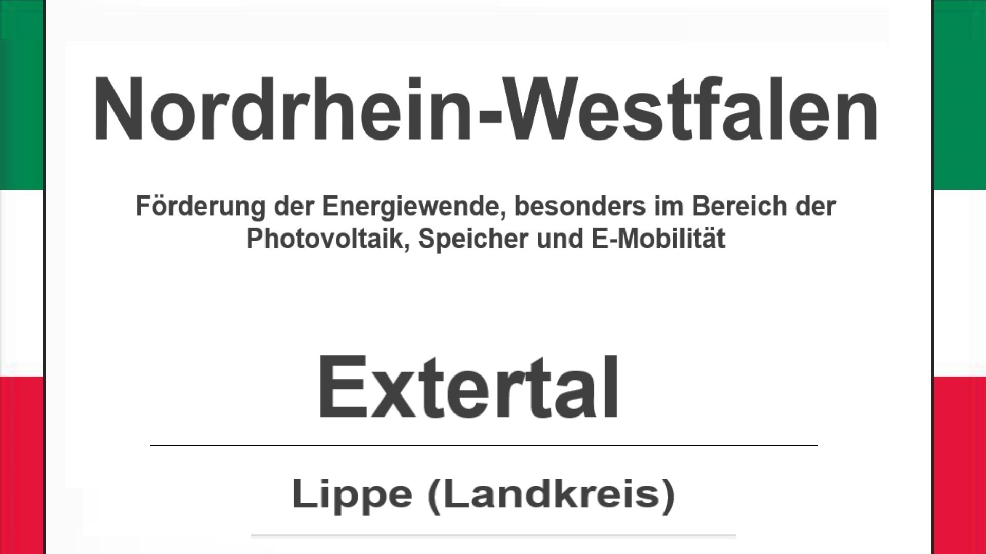 Text auf diesem Bild: Gemeinde Extertal im Landkreis Lippe, Nordrhein-Westfalen, Förderungen zur Energiewende, besonders für Photovoltaikanlagen, Speicher und E-Mobilität.