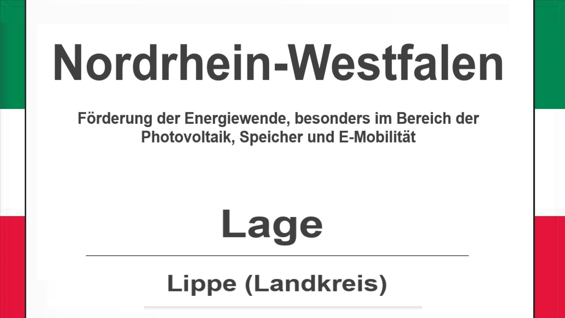 Text auf diesem Bild: Gemeinde Lage im Landkreis Lippe, Nordrhein-Westfalen, Förderungen zur Energiewende, besonders für Photovoltaikanlagen, Speicher und E-Mobilität.