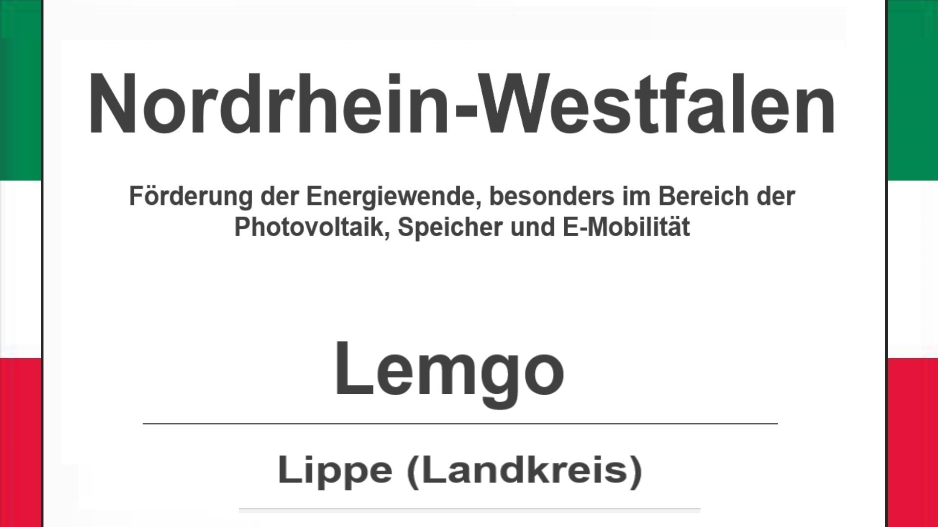 Text auf diesem Bild: Gemeinde Lemgo im Landkreis Lippe, Nordrhein-Westfalen, Förderungen zur Energiewende, besonders für Photovoltaikanlagen, Speicher und E-Mobilität.