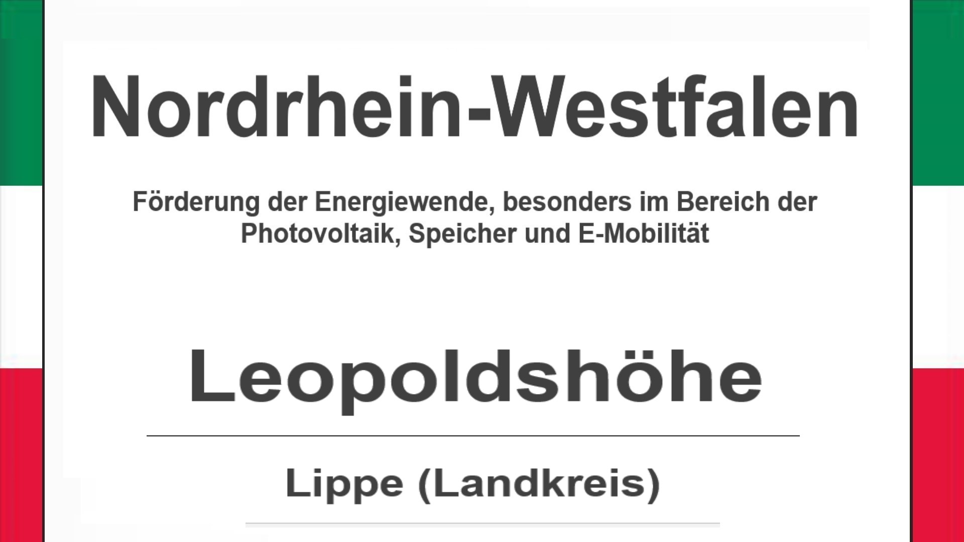 Text auf diesem Bild: Gemeinde Leopoldshöhe im Landkreis Lippe, Nordrhein-Westfalen, Förderungen zur Energiewende, besonders für Photovoltaikanlagen, Speicher und E-Mobilität.