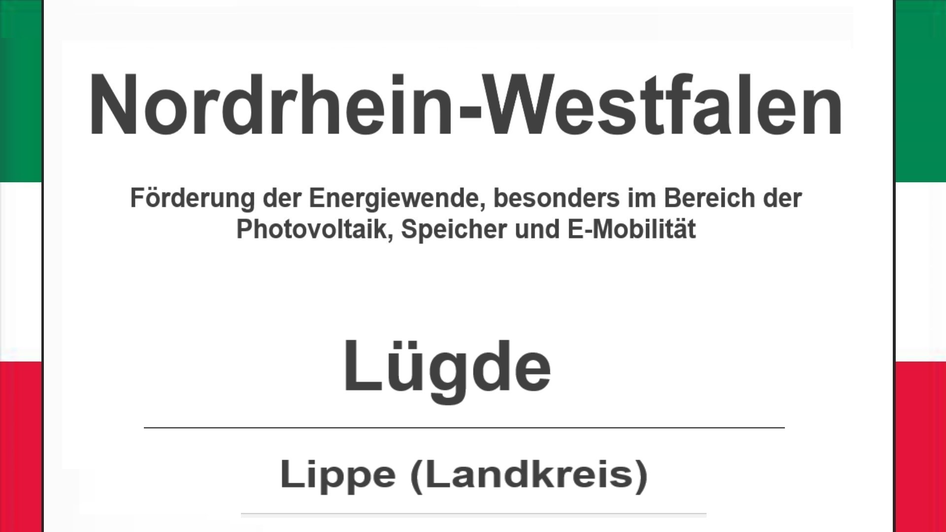 Text auf diesem Bild: Gemeinde Lügde im Landkreis Lippe, Nordrhein-Westfalen, Förderungen zur Energiewende, besonders für Photovoltaikanlagen, Speicher und E-Mobilität.