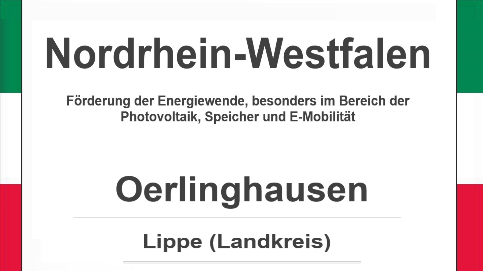 Text auf diesem Bild: Gemeinde Oerlinghausen im Landkreis Lippe, Nordrhein-Westfalen, Förderungen zur Energiewende, besonders für Photovoltaikanlagen, Speicher und E-Mobilität.