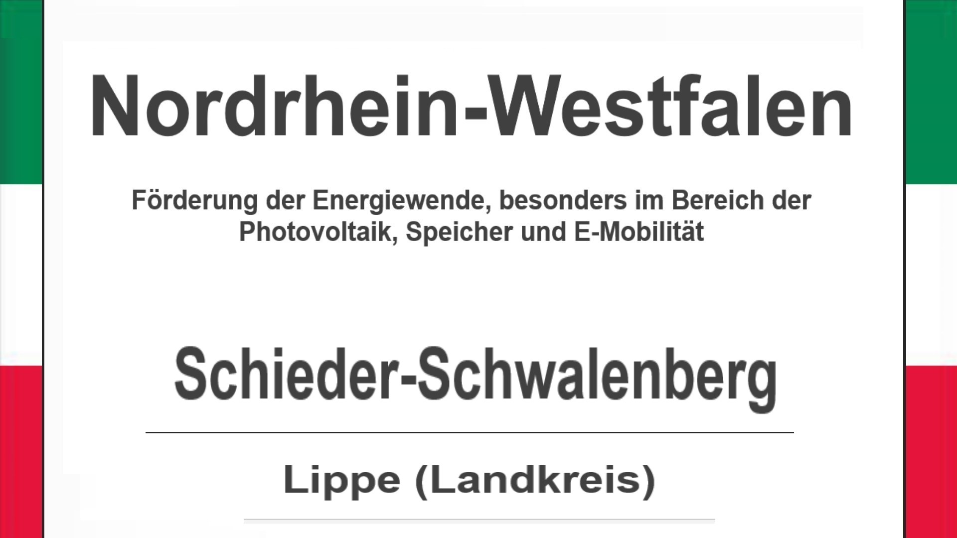 Text auf diesem Bild: Gemeinde Schieder-Schwalenberg im Landkreis Lippe, Nordrhein-Westfalen, Förderungen zur Energiewende, besonders für Photovoltaikanlagen, Speicher und E-Mobilität.