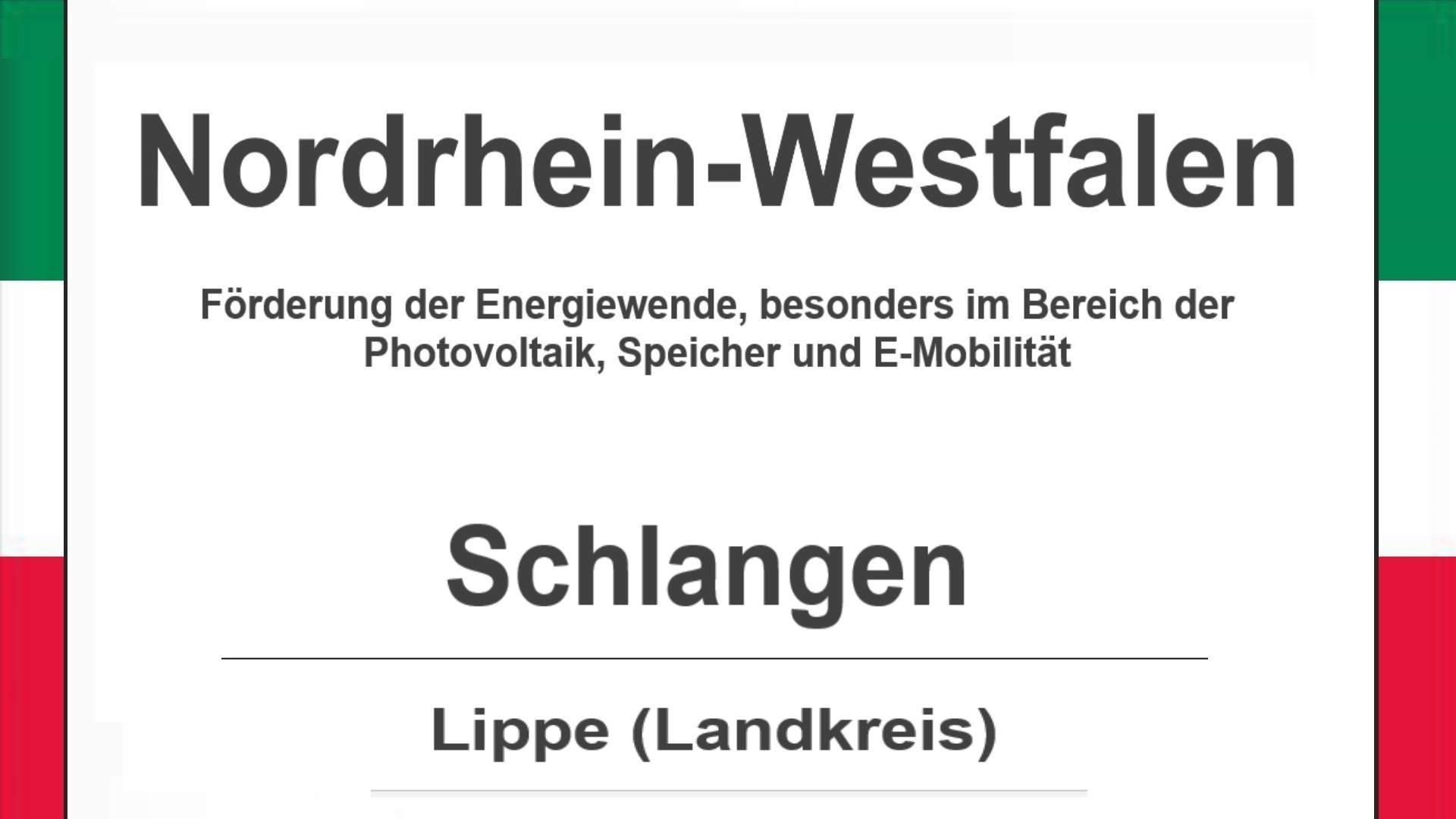 Text auf diesem Bild: Gemeinde Schlangen im Landkreis Lippe, Nordrhein-Westfalen, Förderungen zur Energiewende, besonders für Photovoltaikanlagen, Speicher und E-Mobilität.