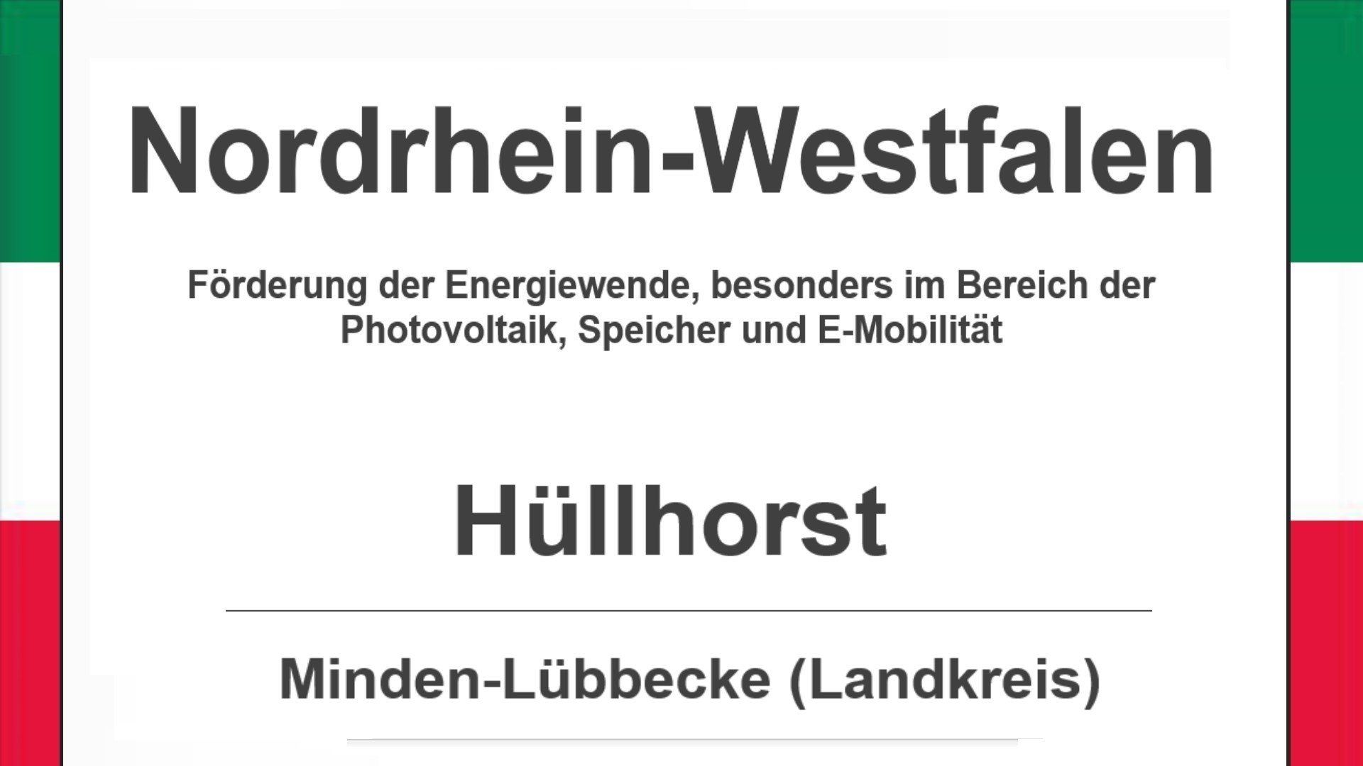 Text auf diesem Bild: Gemeinde Hüllhorst im Landkreis Minden-Lübbecke, Nordrhein-Westfalen, Förderungen zur Energiewende, besonders für Photovoltaikanlagen, Speicher und E-Mobilität.
