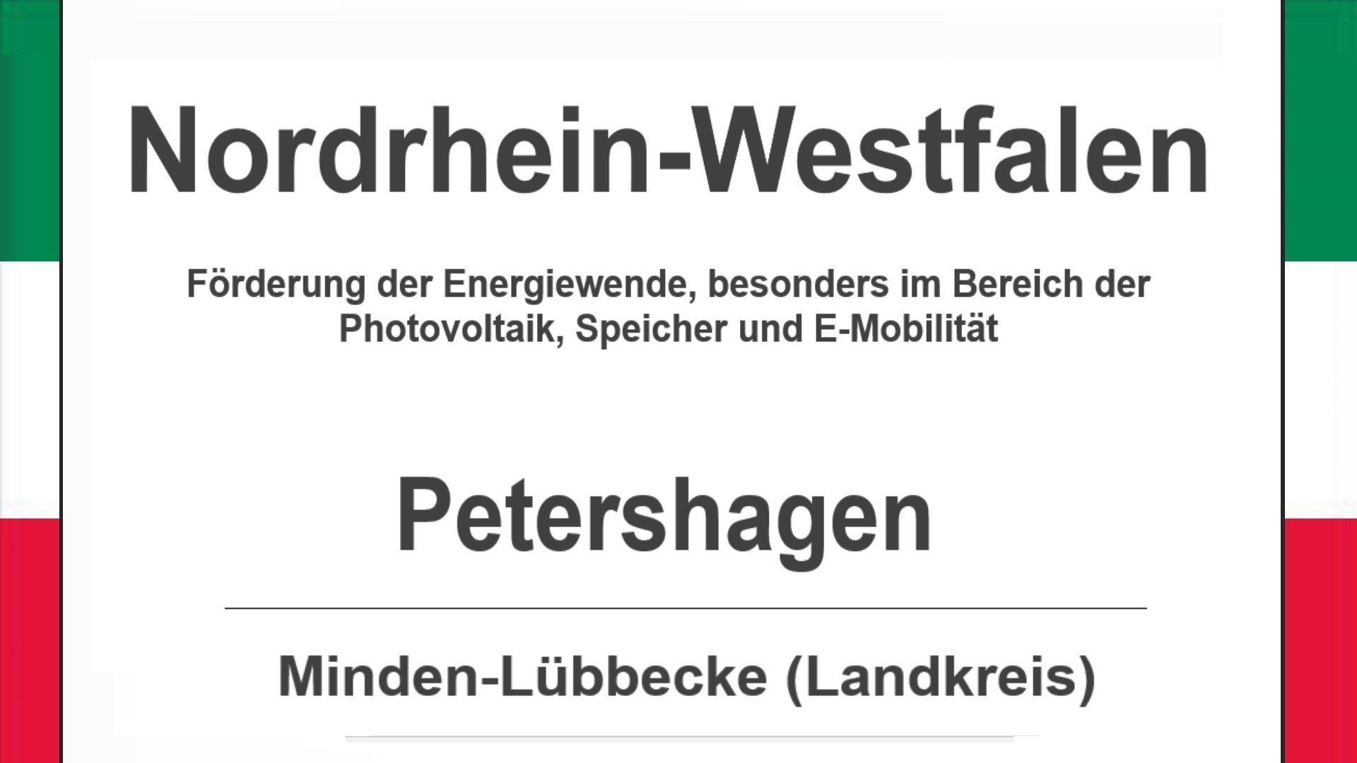 Text auf diesem Bild: Gemeinde Petershagen im Landkreis Minden-Lübbecke, Nordrhein-Westfalen, Förderungen zur Energiewende, besonders für Photovoltaikanlagen, Speicher und E-Mobilität.