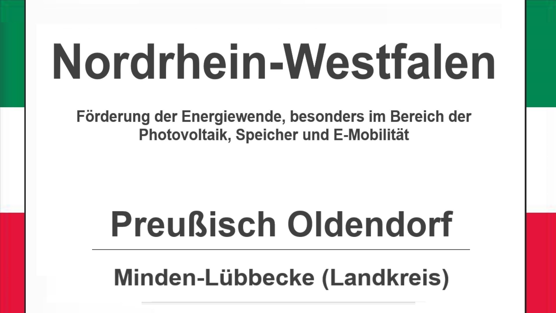 Text auf diesem Bild: Gemeinde Preußisch Oldendorf im Landkreis Minden-Lübbecke, Nordrhein-Westfalen, Förderungen zur Energiewende, besonders für Photovoltaikanlagen, Speicher und E-Mobilität.