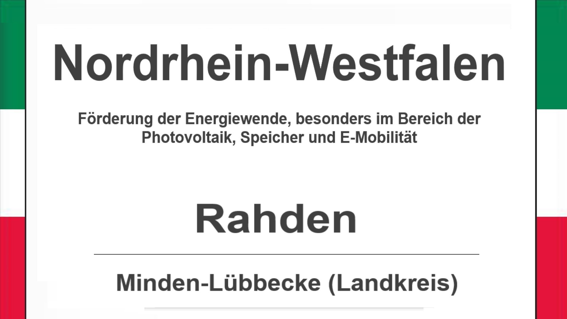 Text auf diesem Bild: Gemeinde Rahden im Landkreis Minden-Lübbecke, Nordrhein-Westfalen, Förderungen zur Energiewende, besonders für Photovoltaikanlagen, Speicher und E-Mobilität.