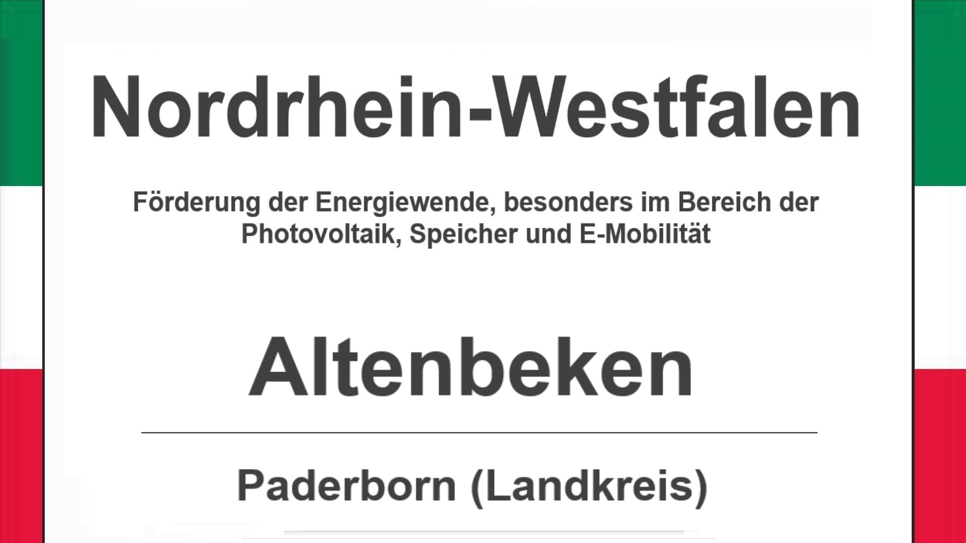 Text auf diesem Bild: Altenbeken im Landkreis Paderborn, Nordrhein-Westfalen, Förderungen zur Energiewende, besonders für Photovoltaikanlagen, Speicher und E-Mobilität.