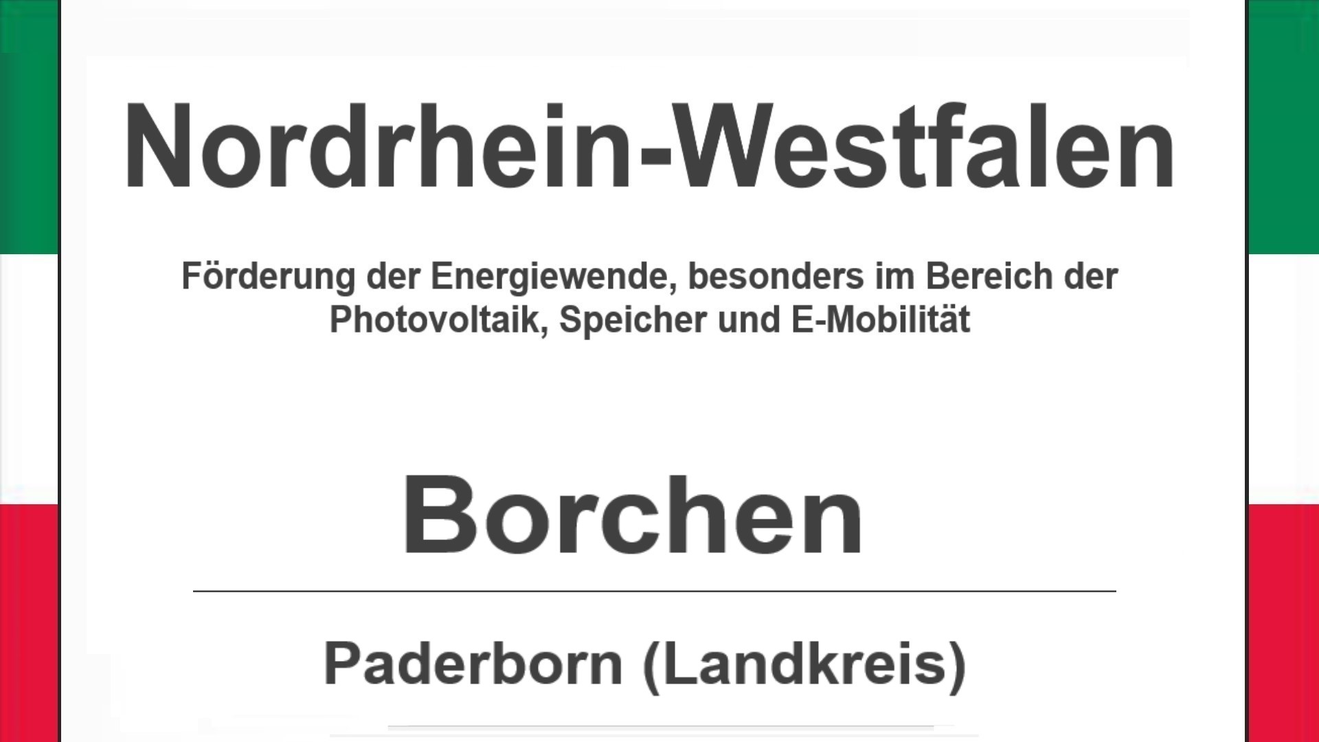 Text auf diesem Bild: Borchen im Landkreis Paderborn, Nordrhein-Westfalen, Förderungen zur Energiewende, besonders für Photovoltaikanlagen, Speicher und E-Mobilität.