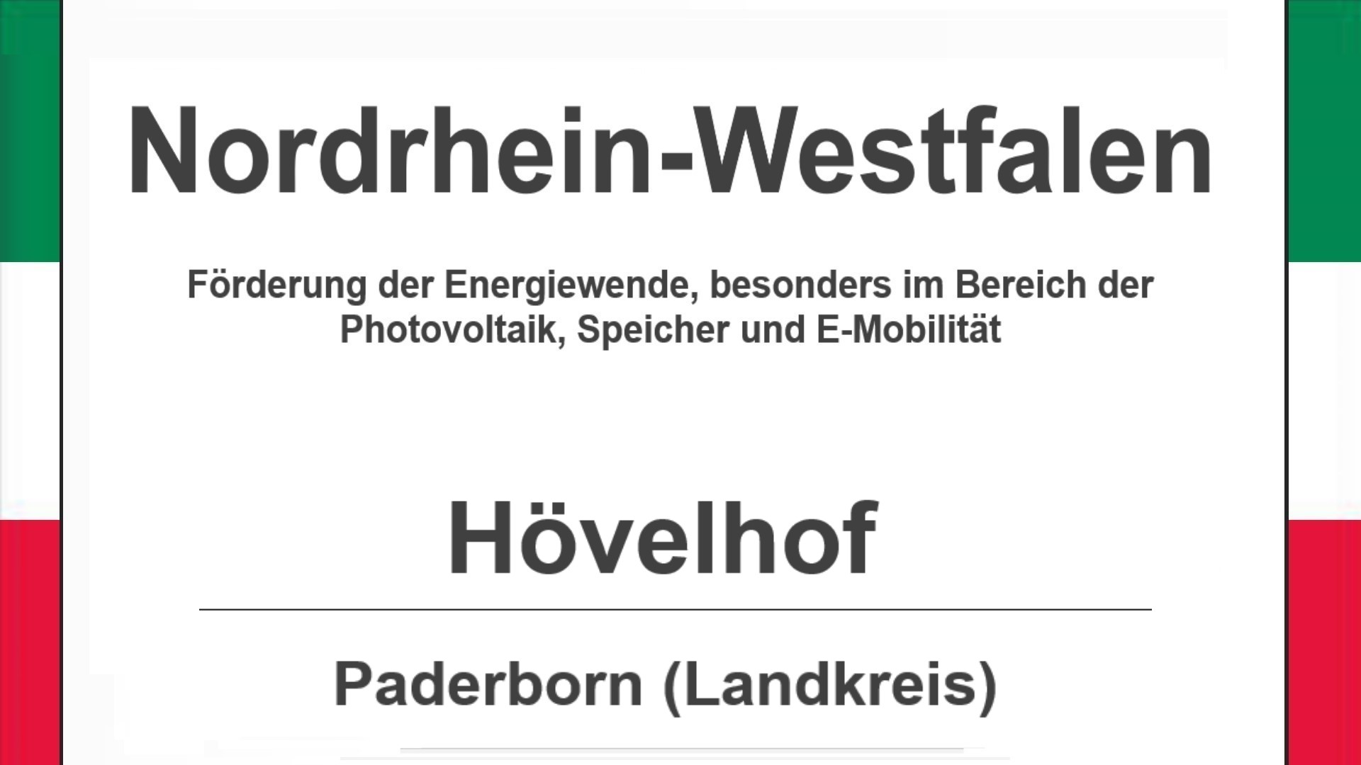 Text auf diesem Bild: Hövelhof im Landkreis Paderborn, Nordrhein-Westfalen, Förderungen zur Energiewende, besonders für Photovoltaikanlagen, Speicher und E-Mobilität.