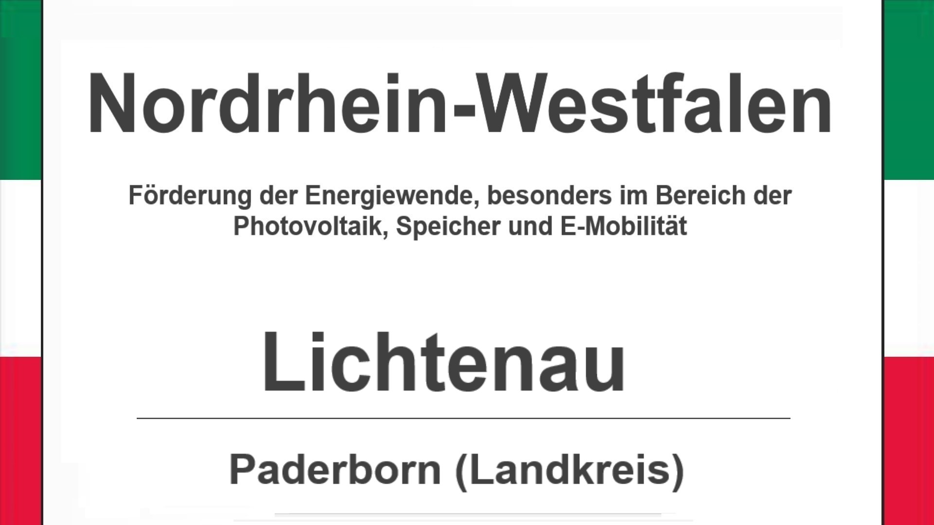Text auf diesem Bild: Lichtenau im Landkreis Paderborn, Nordrhein-Westfalen, Förderungen zur Energiewende, besonders für Photovoltaikanlagen, Speicher und E-Mobilität.