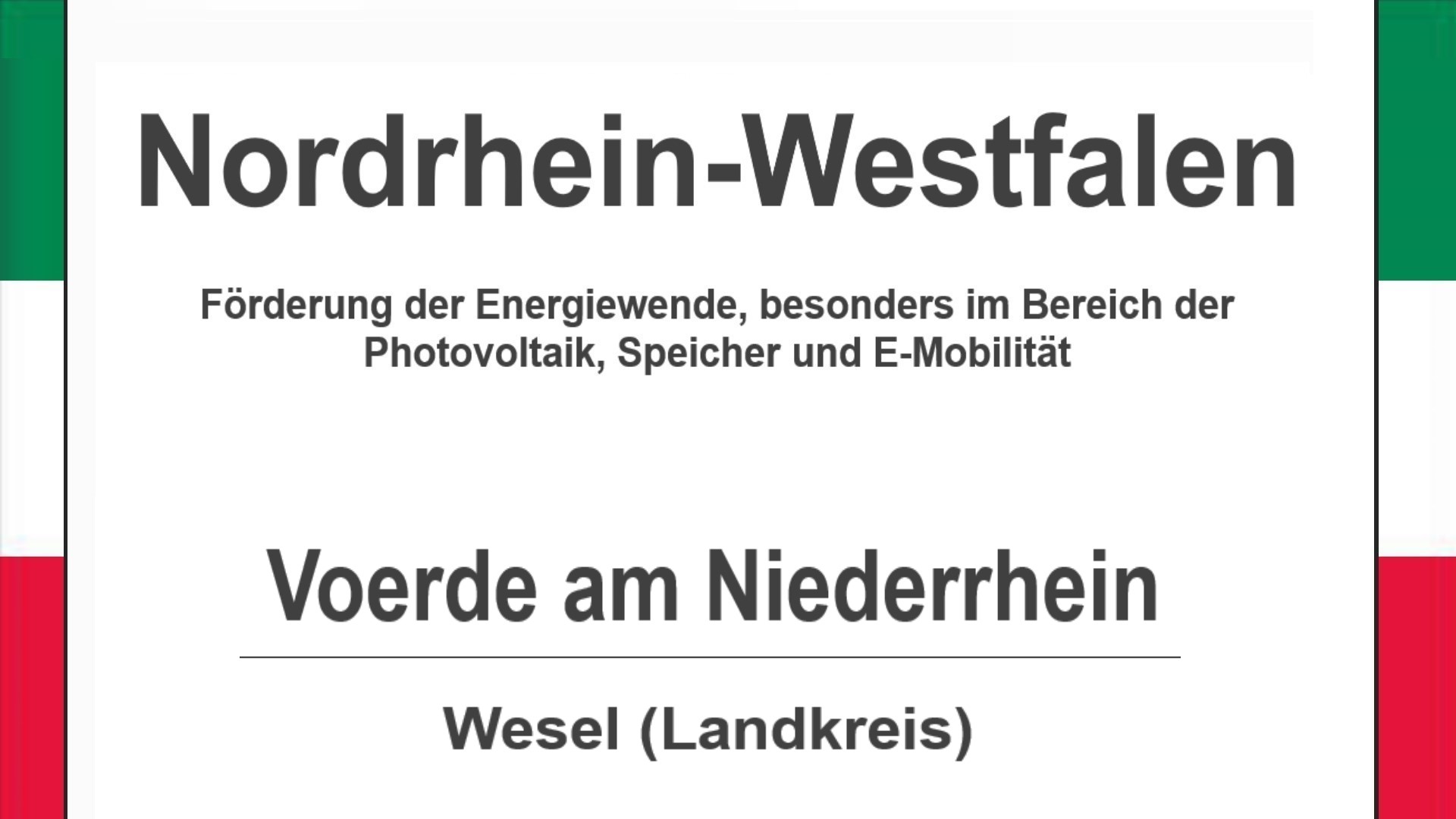 Text auf diesem Bild: Voerde am Niederrhein im Landkreis Wesel, Nordrhein-Westfalen, Förderungen zur Energiewende, besonders für Photovoltaikanlagen, Speicher und E-Mobilität.