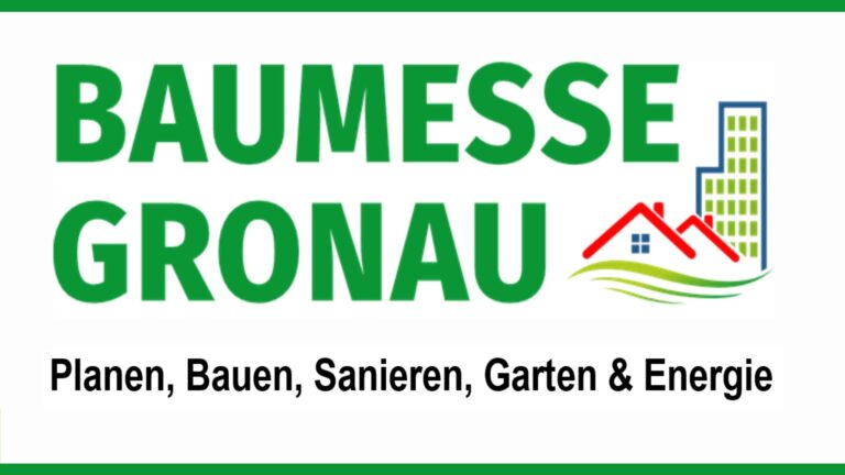 Logo der Gronauer Baumesse mit Fokus auf Bau, Sanierung und erneuerbare Energien wie Photovoltaik.